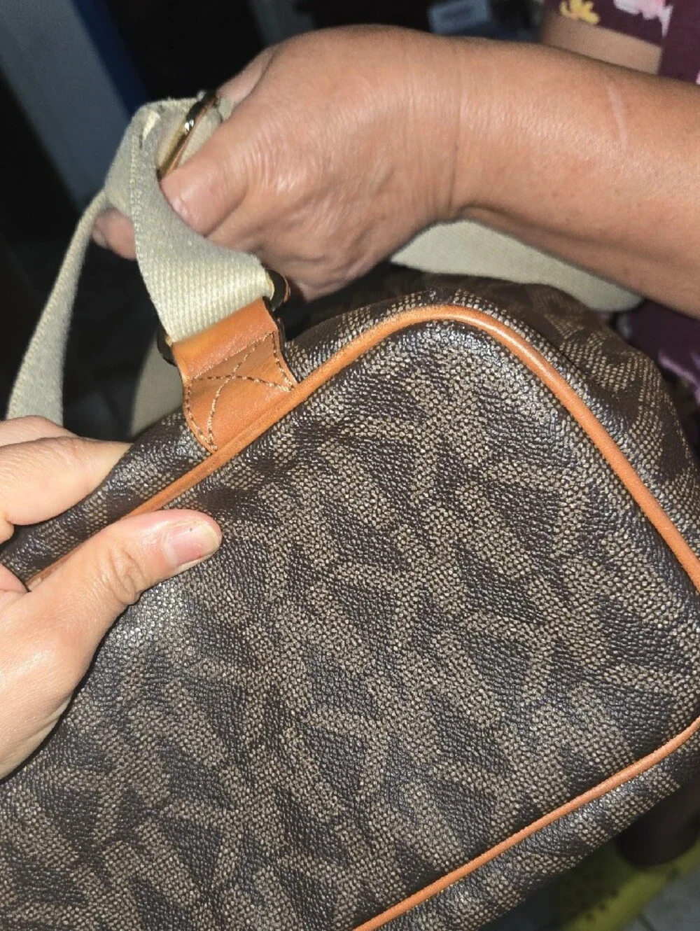 Michael Kors Brown and Tan Logo Backpack with Gold Plate